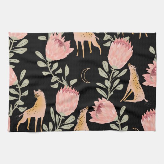 Hyena & Protea: donker patroon Theedoek (Horizontaal)