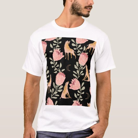 Hyena & Protea: zwarte achtergrond naadloos T-shirt (Voorkant)