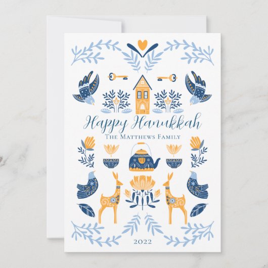 Hygge Blauw | Gele Unieke Gelukkige Hanukkah Feestdagenkaart (Voorkant)