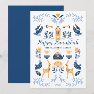 Hygge Blauw Gele Unieke Prettige Hanukkah Feestdagenkaart