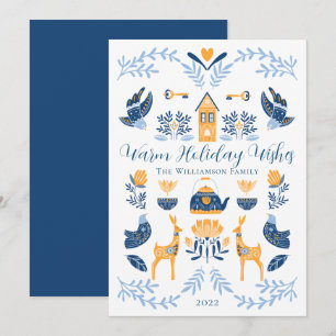 Hygge Blauw   Gele Unieke Warme Feestelijke Wensen Feestdagenkaart