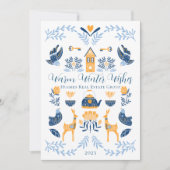 Hygge Blauw | Gele Unieke Warme Winterwensen Feestdagenkaart (Voorkant)