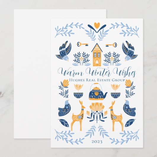 Hygge Blauw | Gele Unieke Warme Winterwensen Feestdagenkaart (Voorkant / Achterkant)