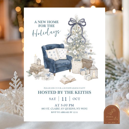 Hygge Blue Winter New Home for Holiday Invitation Kaart