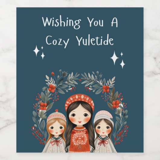 Hygge Christmas Moeder & Dochters krans Wijn Etiket (Enkel label)