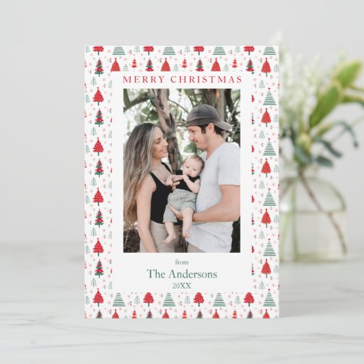Hygge kerstboom patroon één foto kerst feestdagenkaart (Staand voorkant)