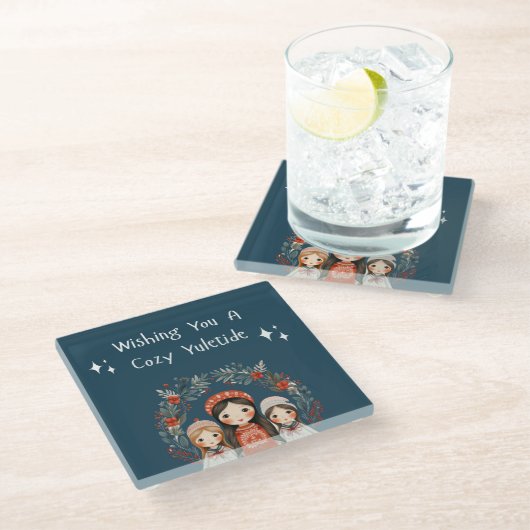 Hygge Kerstmoeder en Dochters Krans Glazen Onderzetter (Schuin)