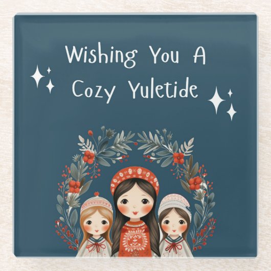 Hygge Kerstmoeder en Dochters Krans Glazen Onderzetter (Voorkant)