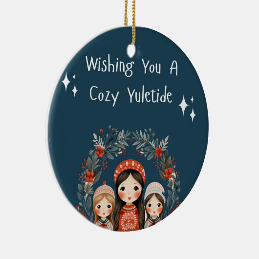 Hygge Kerstmoeder en Dochters Krans Keramisch Ornament (Rechts)