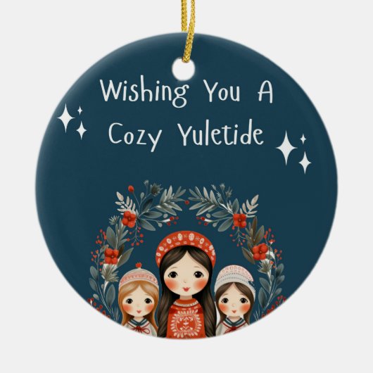 Hygge Kerstmoeder en Dochters Krans Keramisch Ornament (Voorkant)