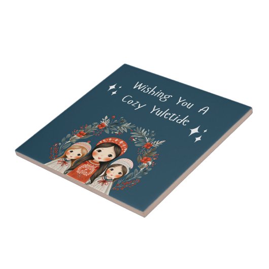 Hygge Kerstmoeder en Dochters Krans Tegeltje (Zijkant)