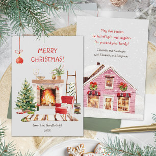 Hygge Waterverf Open Haard Woonkamer Kerstmis Feestdagenkaart