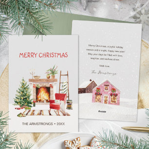 Hygge Waterverf Open Haard Woonkamer Kerstmis Feestdagenkaart