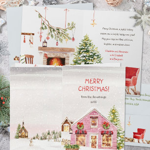 Hygge Waterverf Roze Winterdorp Kerstmis Feestdagen Kaart