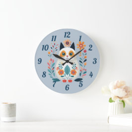 Hygge White Flower Cat Folk Art Grote Klok