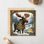 Hygge Winter Moose Vakantie Kaart Notitiekaartje (Voorkant / Achterkant in situ)