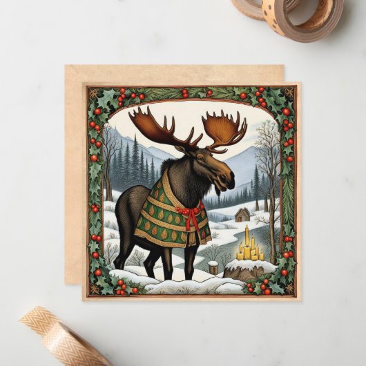 Hygge Winter Moose Vakantie Kaart Notitiekaartje (Voorkant / Achterkant in situ)