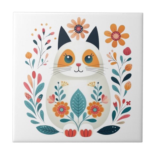 Hygge Witte Bloem Kat Scandinavische Folk Art Tegeltje (Voorkant)