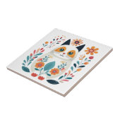 Hygge Witte Bloem Kat Scandinavische Folk Art Tegeltje (Zijkant)