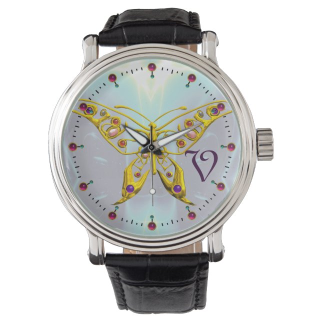 HYPER BUTTERFLY MONOGRAM, Aqua Blue Fractals Horloge (Voorkant)