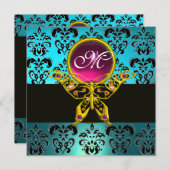 HYPER BUTTERFLY MONOGRAM, blue damask roze turquas Kaart (Voorkant / Achterkant)