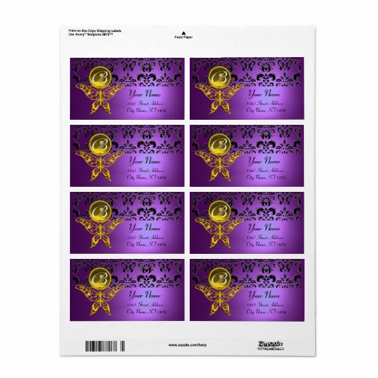 HYPER BUTTERFLY MONOGRAM paarse damask topaz Etiket (Full Sheet)