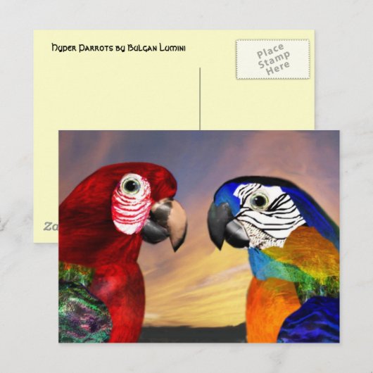 HYPER DELEN / RODE EN BLAUWE ARA BRIEFKAART (Voorkant / Achterkant)