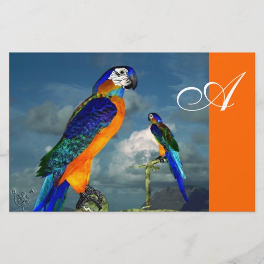HYPER PARROTS/BLAUWE ARA MONOGRAM, oranje Briefpapier (Voorkant)
