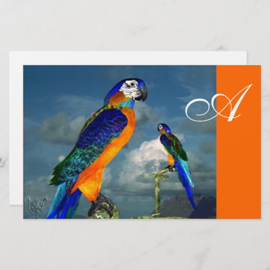 HYPER PARROTS/BLAUWE ARA MONOGRAM, oranje Briefpapier (Voorkant / Achterkant)