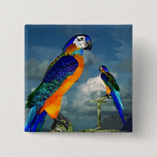 HYPER PARROTS/BLAUWE ARA VIERKANTE BUTTON 5,1 CM (Voorkant)