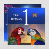 HYPER PARROTS/First Birthday Party Kaart (Voorkant / Achterkant)