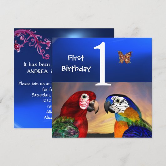 HYPER PARROTS/First Birthday Party Kaart (Voorkant / Achterkant)