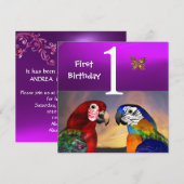 HYPER PARROTS/First Birthday Party Paars Kaart (Voorkant / Achterkant)