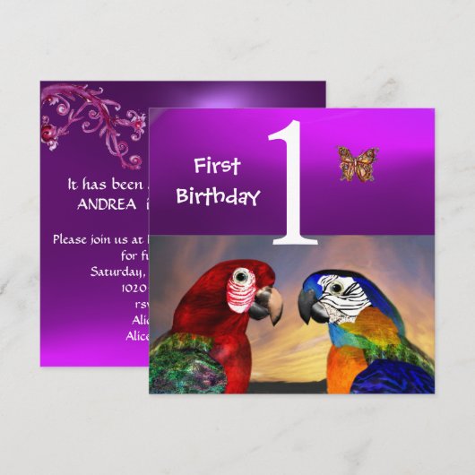 HYPER PARROTS/First Birthday Party Paars Kaart (Voorkant / Achterkant)