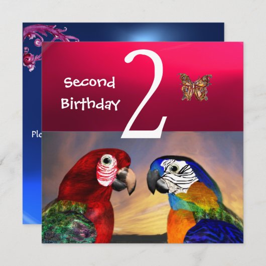 HYPER PARROTS/Second Birthday Party,Fuchsia Blue Kaart (Voorkant / Achterkant)