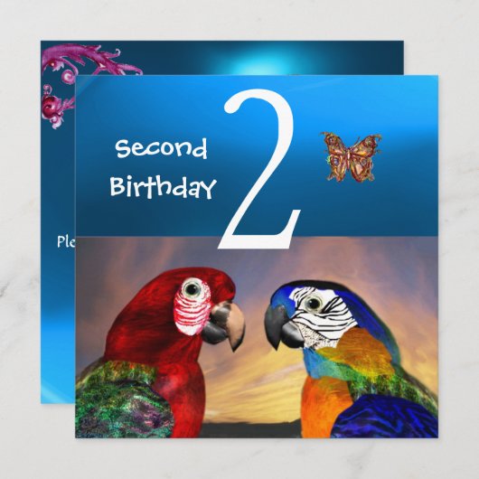 HYPER PARROTS/Second Birthday Party, Turquase Kaart (Voorkant / Achterkant)