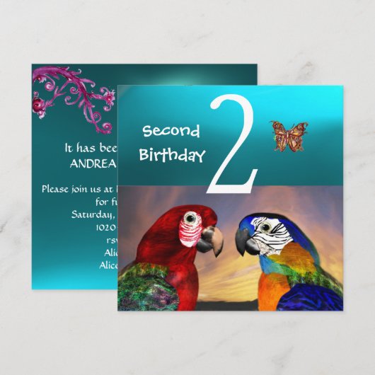 HYPER PARROTS/Second Birthday Party, Turquase Kaart (Voorkant / Achterkant)