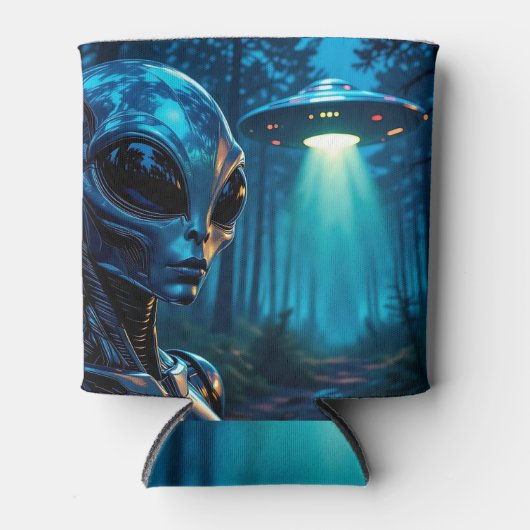 Hyper Realistic Alien en UFO in het bos Blikjeskoeler (Voorkant)