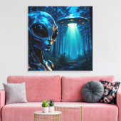 Hyper Realistic Alien en UFO in het bos Canvas Afdruk (Insitu (Woonkamer))