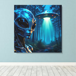 Hyper Realistic Alien en UFO in het bos Canvas Afdruk