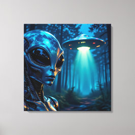 Hyper Realistic Alien en UFO in het bos Canvas Afdruk