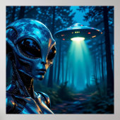 Hyper Realistic Alien en UFO in het bos Poster (Voorkant)