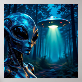 Hyper Realistic Alien en UFO in het bos Poster