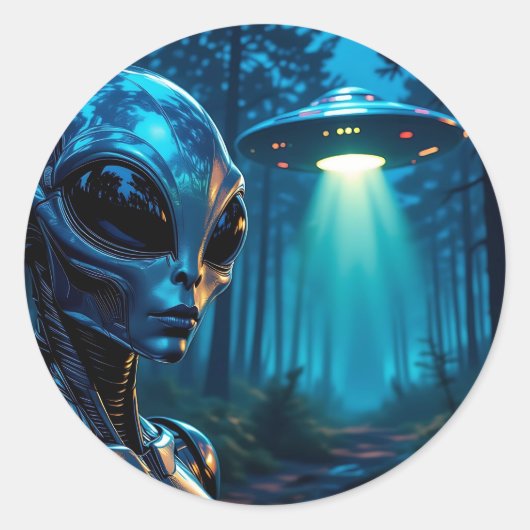 Hyper Realistic Alien en UFO in het bos Ronde Sticker (Voorkant)