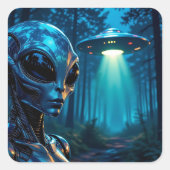 Hyper Realistic Alien en UFO in het bos Vierkante Sticker (Voorkant)