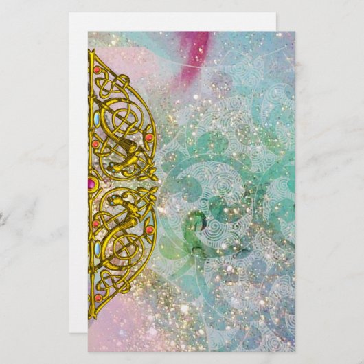 HYPER VALENTIJN / GOLD CELTIC HEART, Blue Sparkles Briefpapier (Voorkant / Achterkant)