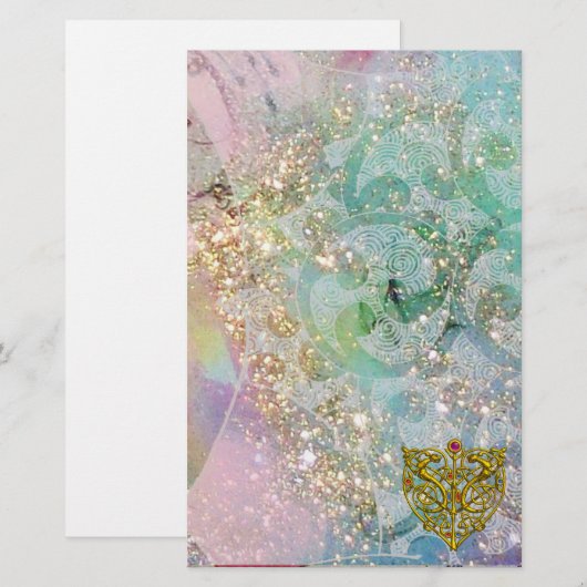 HYPER VALENTIJN / GOLD CELTIC HEART, Blue Sparkles Briefpapier (Voorkant / Achterkant)