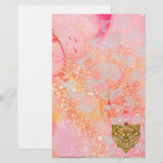 HYPER VALENTIJN / GOLD CELTIC HEART Pink Sparkles Briefpapier (Voorkant / Achterkant)