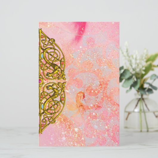 HYPER VALENTIJN / GOLD CELTIC HEART Pink Sparkles Briefpapier (Staand voorkant)