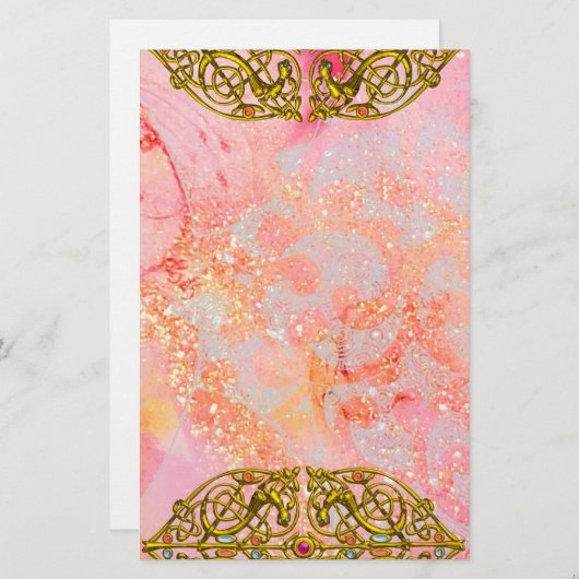 HYPER VALENTIJN / GOLD CELTIC HEART Pink Sparkles Briefpapier (Voorkant / Achterkant)